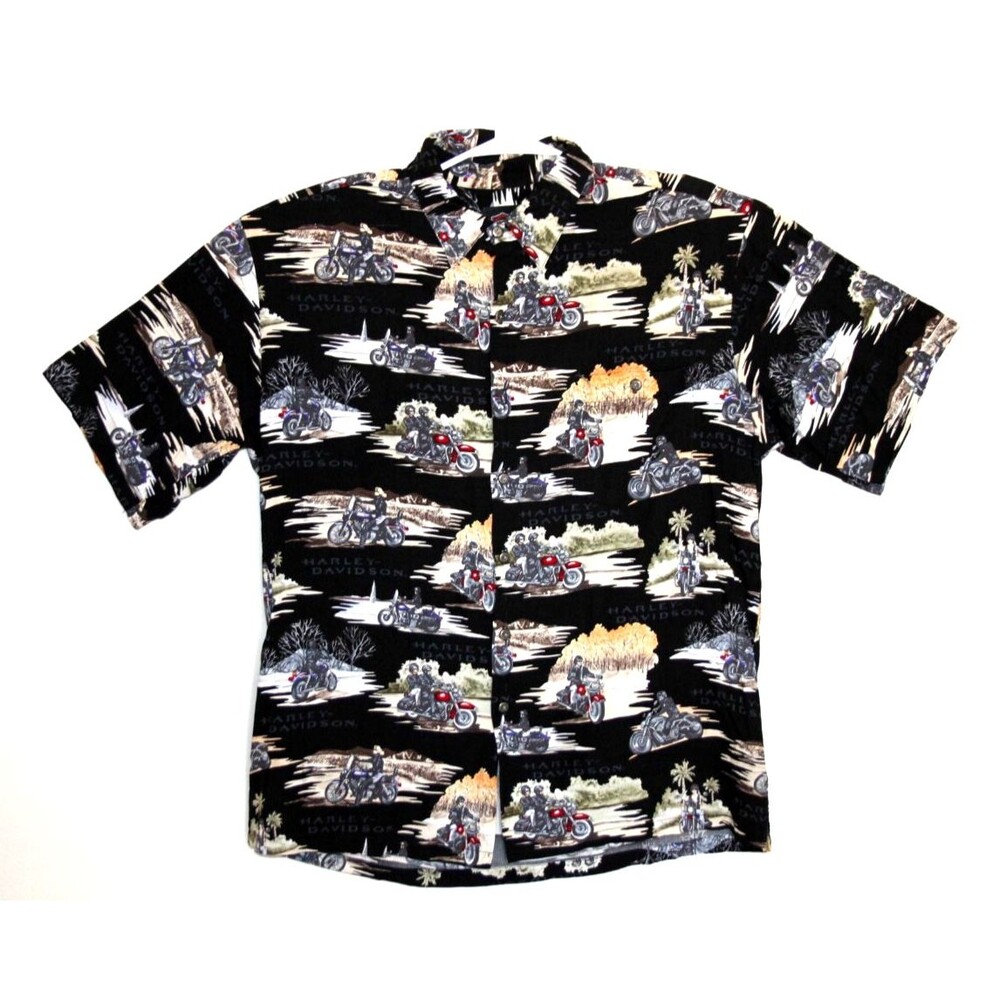 Harley Davidson Mens Button Down All Over Print Motorcycles Black Pocket Shirt L
